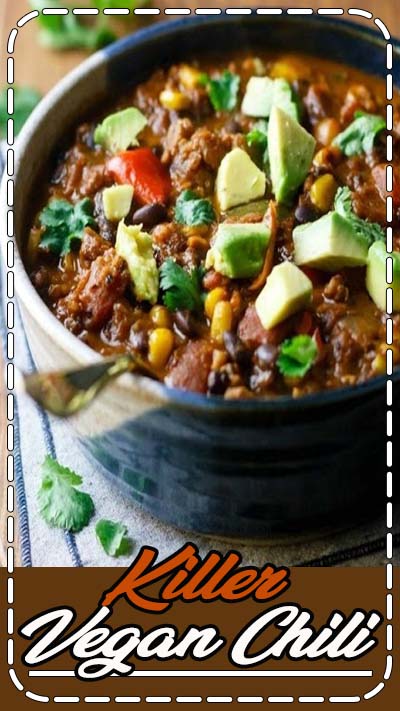 Killer Vegan Chili - hold on to your soup spoons, 'cause this is some killer chili. It's hearty, spicy and packed with slow-cooked flavor! A great source of fiber, vitamins, nutrients and vegan protein.