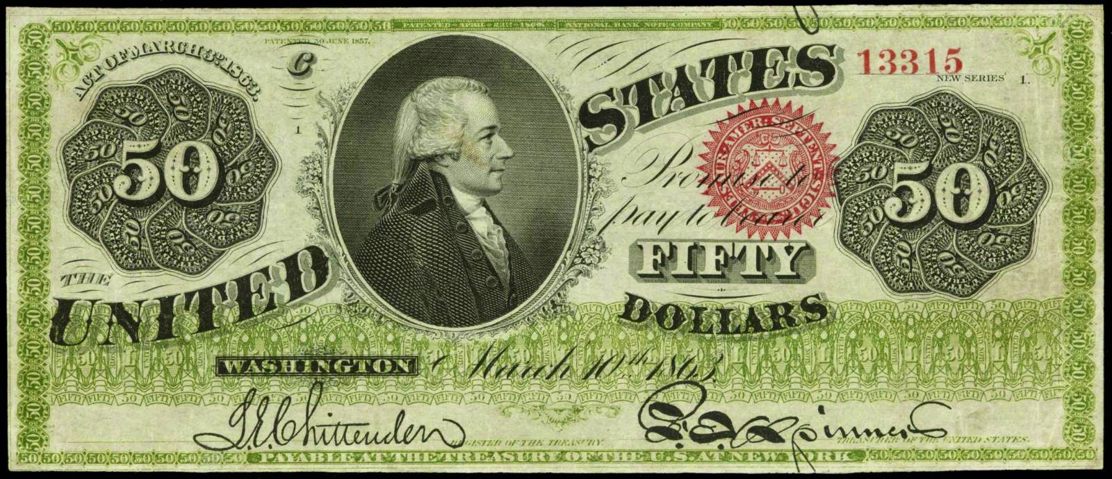 United States currency 50 Dollar bill Hamilton Legal Tender Note 1863