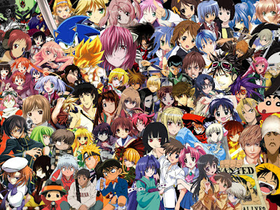 Collage con distintos personajes de series de anime. One Piece, Higurashi, Sonic, Dragon Ball, Beck,Code Geass, Lucky Star, Death Note