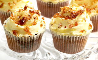 Coffee and pecan cupcakes. Coffee sponge topped with buttercream and pecan nut praline.