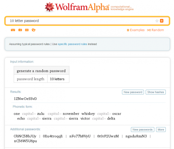 Générer un mot de passe Wolfram Alpha