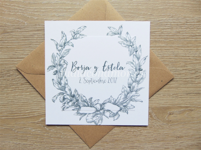 Invitación con corona laurel Ideal para una boda clásica, invitación con corona de laurel dibujada de estilo francés