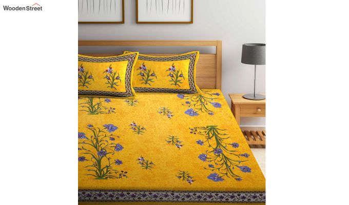 Yellow Screen Block Print Double Bed Sheet With Pillow Covers
