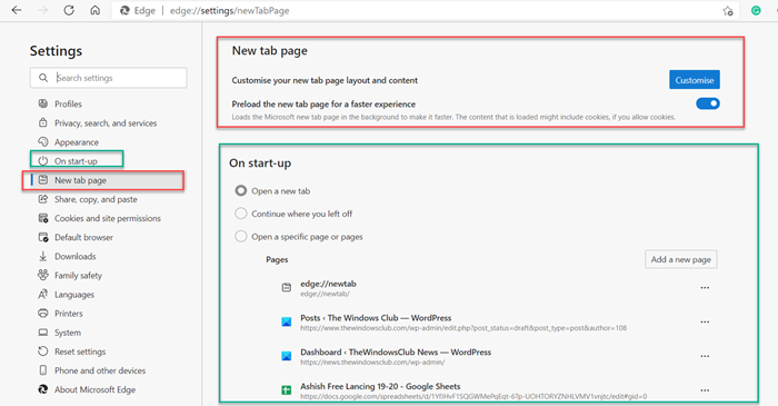 Microsoft Edge Cambiar la configuración de la nueva pestaña de inicio