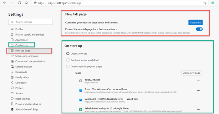 MicrosoftEdgeのスタートアップの新しいタブ設定を変更します