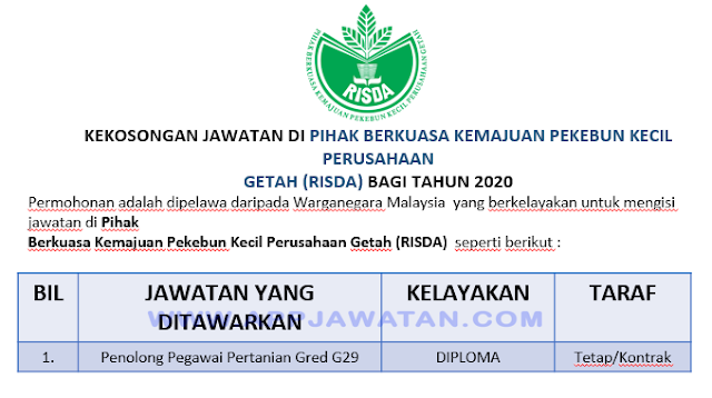 Jawatan Kosong di Pihak Berkuasa Kemajuan Pekebun Kecil Perusahaan Getah (RISDA)