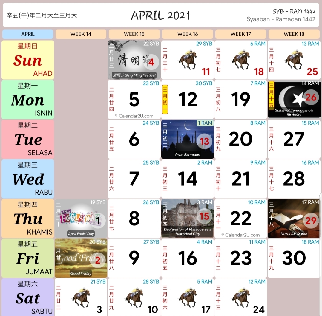 kalender kuda Malaysia bagi bulan 4(april)tahun 2021