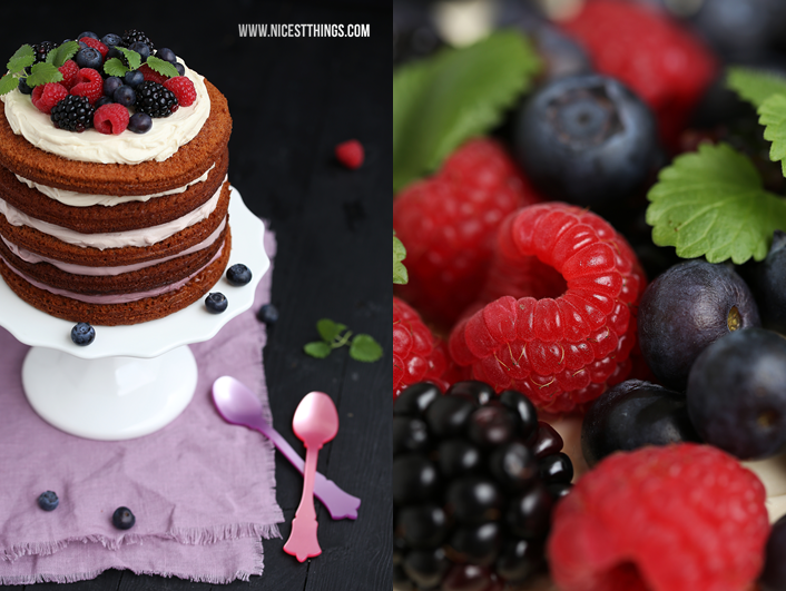 Schichttorte mit Beeren und natürlich gefärbter Regenbogen Ombre Tortencreme