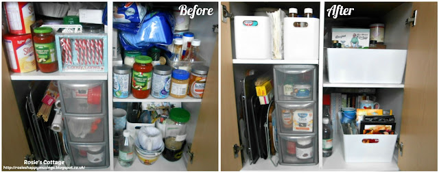 Kitchen Cabinet Re-Organisation: Before & after: I'm so pleased with how this cabinet looked when completed.  It's so easy to use and I know exactly what's in there and exactly where everything is.