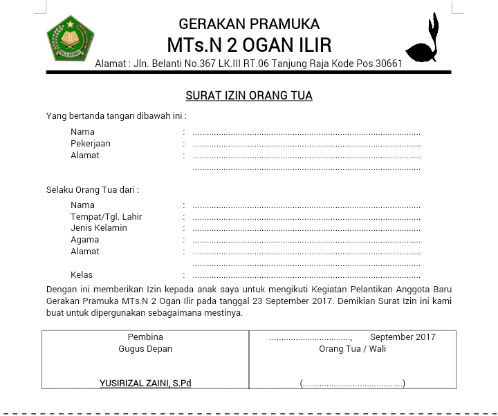 Surat Izin Orang Tua Untuk Kegiatan Pramuka Rumah Ketikan