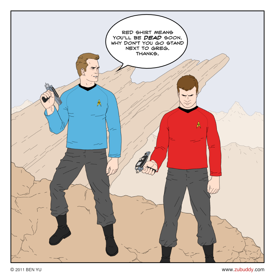 Two Star fleet officers on a M class planet, one blue shirt, other red shirt.