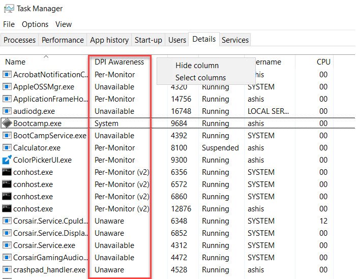 Modalità di sensibilizzazione DPI delle app in Task Manager