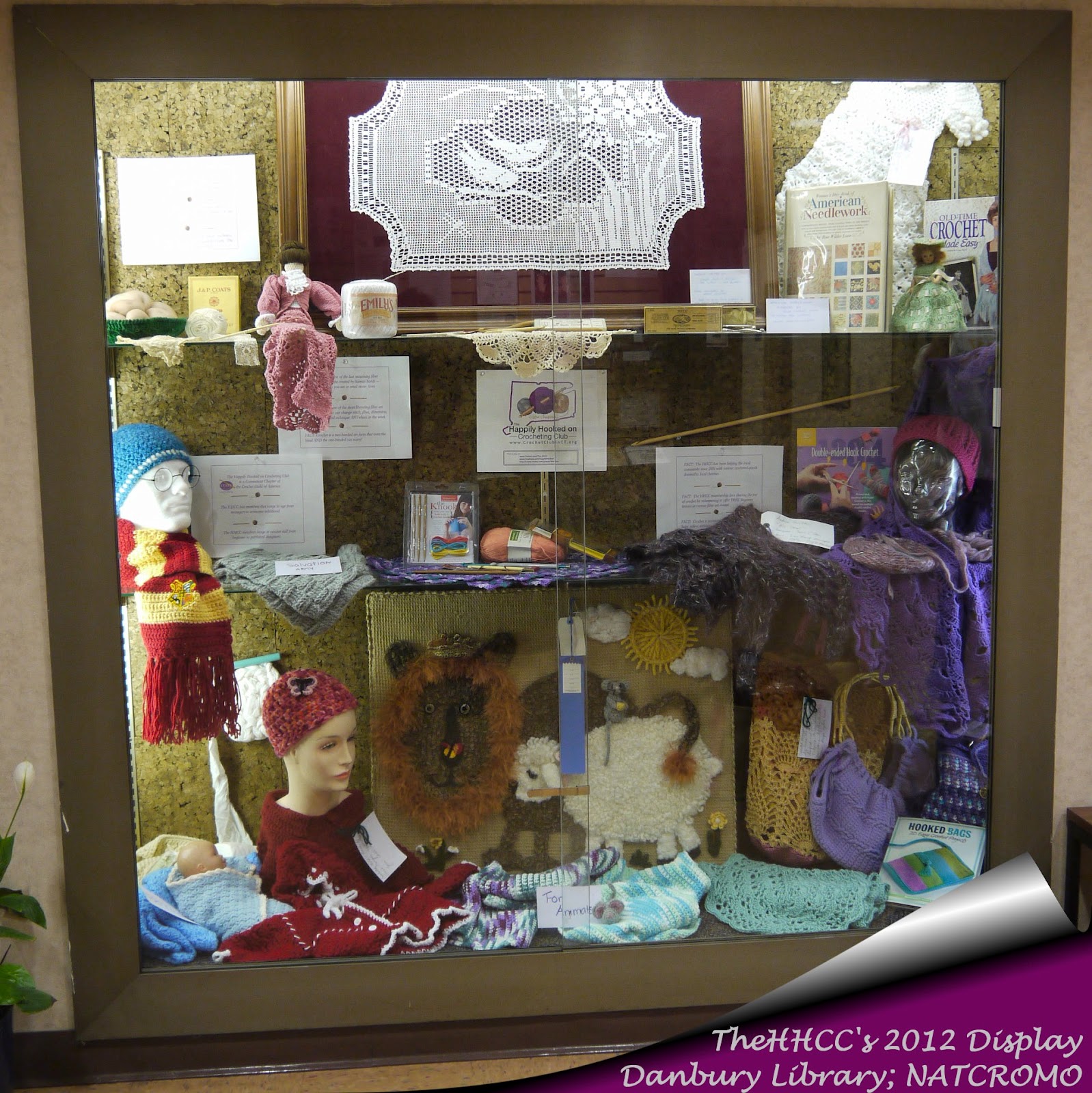 The Happily Hooked on Crochet Club Crochet Display at the Danbury Library