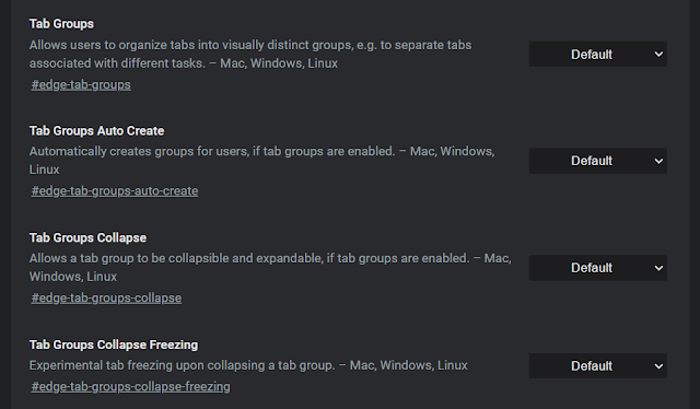 Several experiments related to tab grouping in Edge flags
