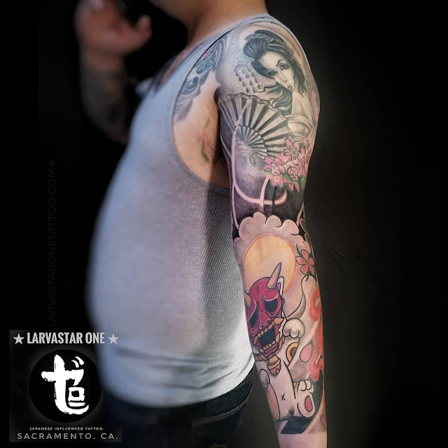 traditional nagasode tattoo sleeve placement  depicted a lucky cat, Fudo myo-o tattoo sleeve