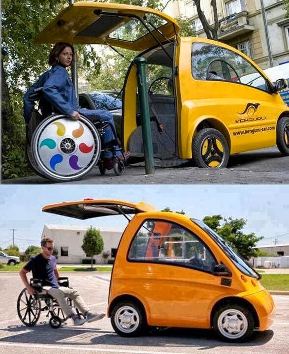Two photos of people in wheelchairs entering tiny accessible cars