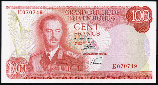 Luxembourg money currency 100 Francs banknote
