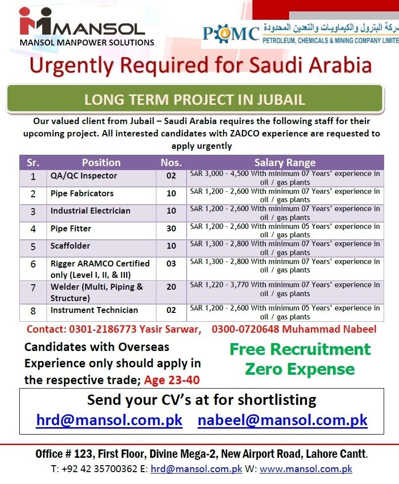 Mansol Manpower Solutions Urgently Required for Saudi Arabia Long Term