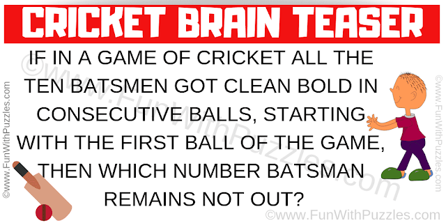 Cricket Brain Teaser: If in a game of Cricket all the ten batsmen got clean bold in consecutive balls, starting with the first ball of the game, then which number batsman remains not out?