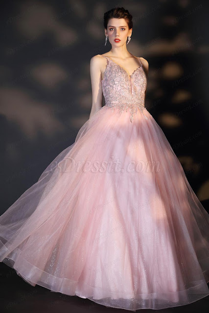 lovely spaghetti straps pink prom dress