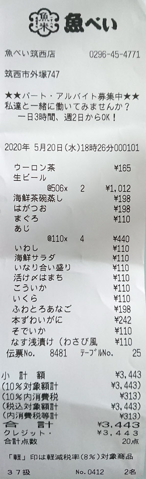 魚べい 筑西店 2020/5/20 飲食のレシート