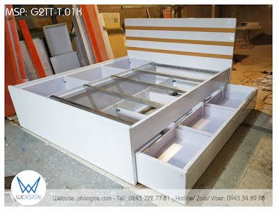 Giường tầng 2 thấp 1m8 và 1m2 đa năng có tủ kho và 3 ngăn kéo G2TT-T.01K màu trắng trang trí nẹp vân gỗ tự nhiên