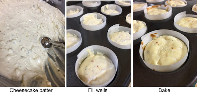 Cheesecake batter, filling the wells, baked cheesecakes