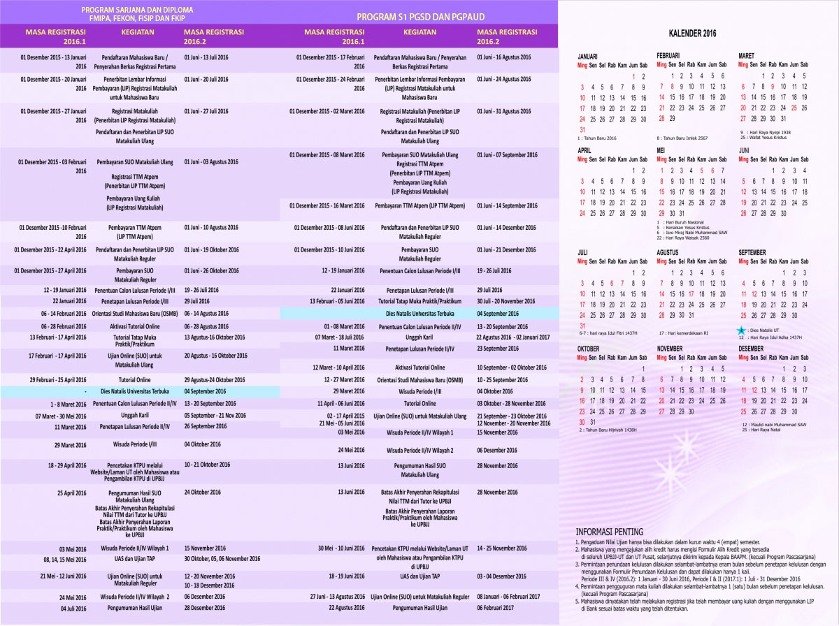 Kalender Akademik UT Masa Registrasi 2016.1 dan 2016.2
