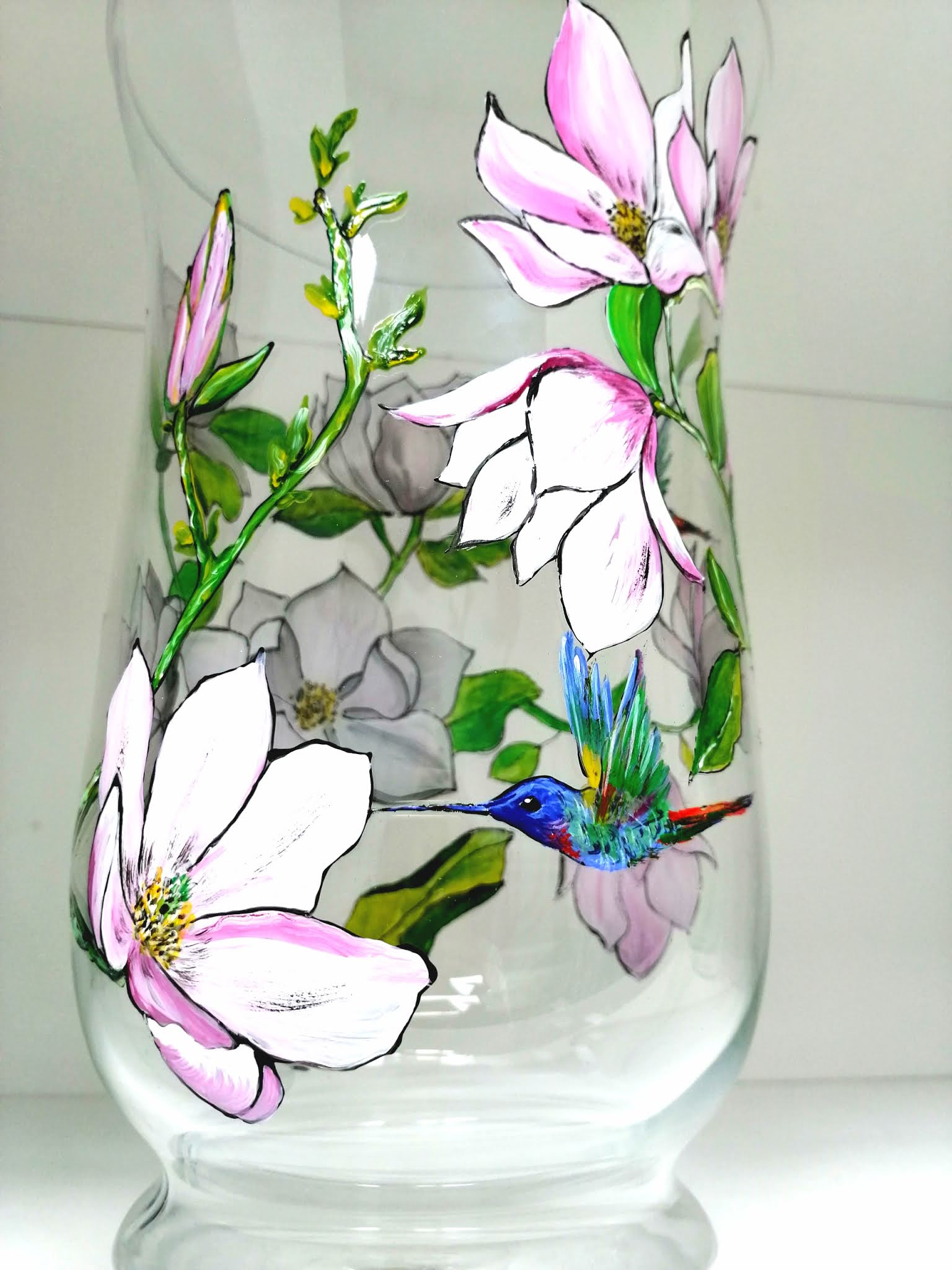 Handmade By Do Hand painted magnolia glass vase/ Vază magnolie