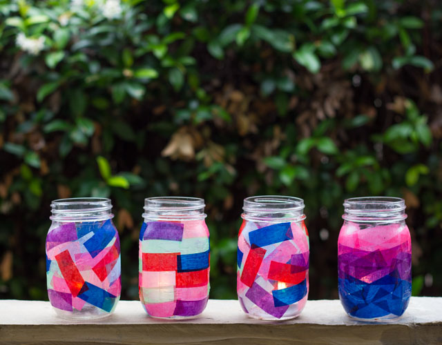 The easiest summer lanterns! Add tissue paper to the outside of mason jars. A fun kids craft too! The easiest summer lanterns! Add tissue paper to the outside of mason jars. A fun kids craft too!
