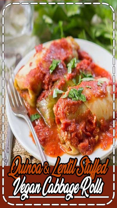 These stuffed vegan cabbage rolls are made with tender leaves of steamed cabbage wrapped around a savory, smoky mixture of quinoa and lentils, baked up in tomato sauce until piping hot.