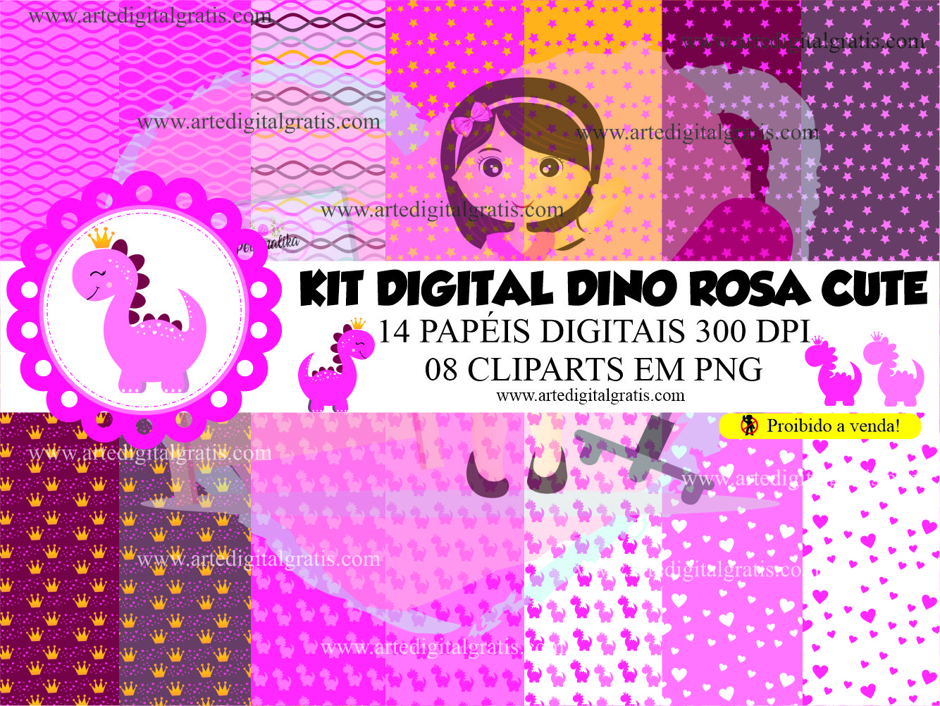 Kit Digital Dinossauro Rosa - Comprar em Caixote Feliz