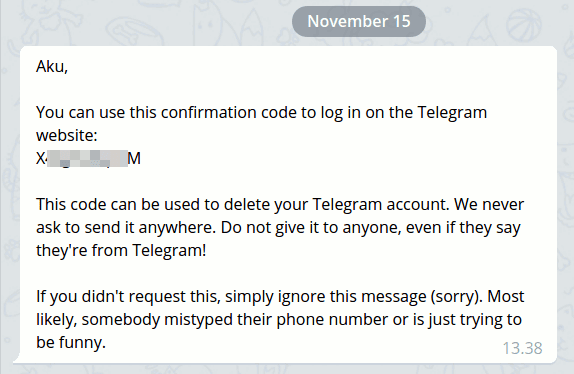 Jendela Telegram berisikan pesan kode login dari Telegram Jendela Telegram berisikan pesan kode login dari Telegram