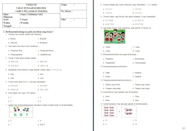 Soal UTS Kelas 1 SD/MI: Tema 1 Subtema 1 dan 2