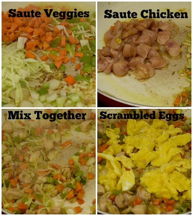 steps to make fried rice - saute veggies,saute chicken,add scrambled eggs