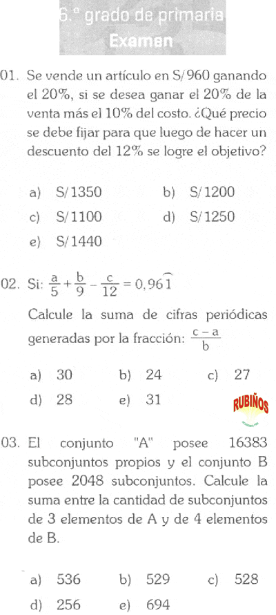 Concurso De Matemáticas De Sexto Grado De Primaria Resuelto Y Solucionario Pdf