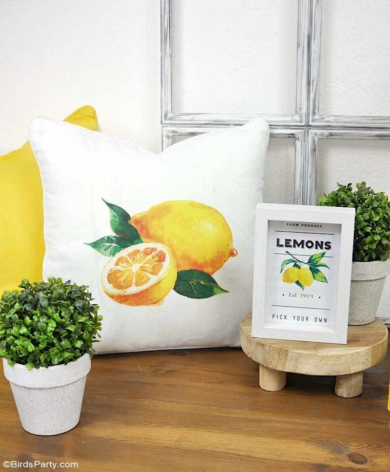 Lemon Themed DIY Modern Farmhouse Decor and Printables - easy craft projects to help you decorate your home or party! by BirdsParty.com @birdsparty #lemon #diy #crafts #lemonfarmhouse #lemondecor #lemonparty #lemondiy #farmhouse #farmhousedecor #farmhouselemondecor