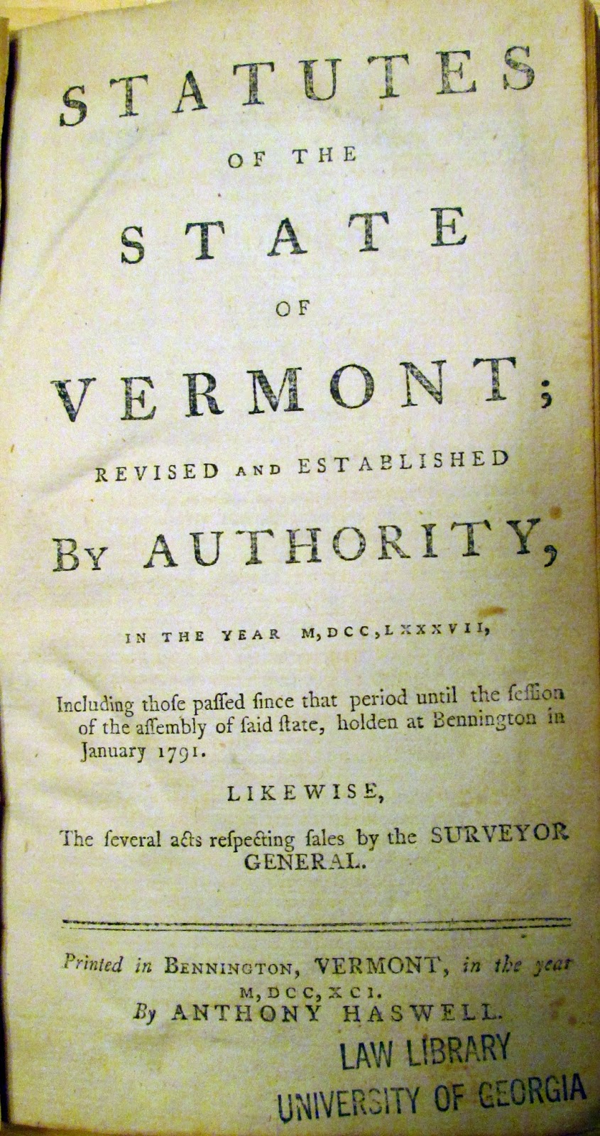 Clayton Cramer. Going Through Vermont Statutes Published in 1791