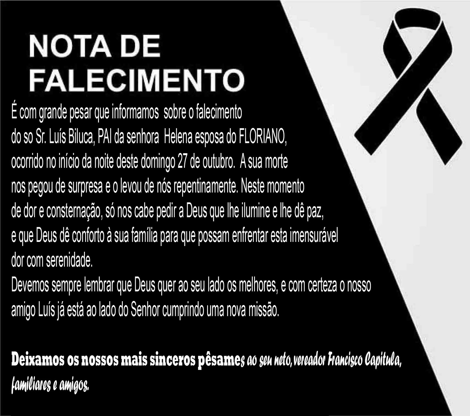 Nota de Falecimento. Nota de Falecimento.