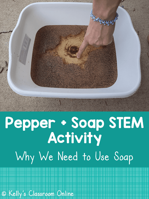 Pepper and Soap STEM Experiment: This pepper and soap STEM + science experiment teaches young children the importance of using soap while washing their hands. #kellysclassroomonline