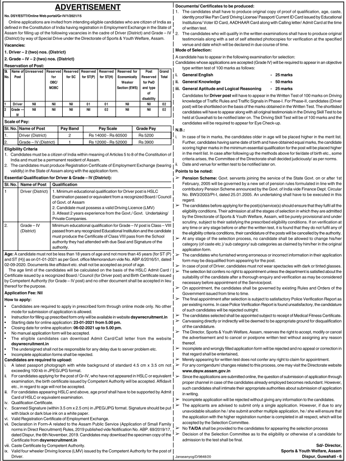 Sports & Youth Welfare, Assam Recruitment 2021 Apply 04 Driver and