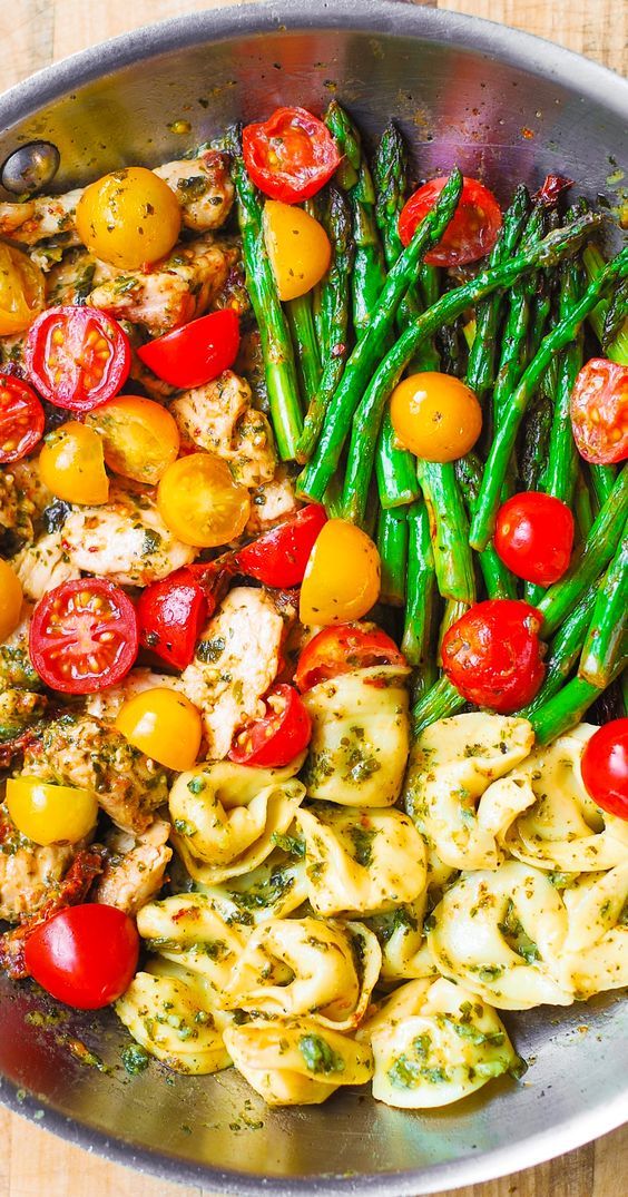 One-Pan Pesto Chicken, Tortellini, and Veggies, Asparagus, Tomatoes – healthy, refreshing, Mediterranean-style dinner. Spring and Summer Din...