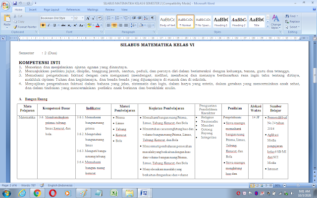 Silabus matematika kelas 6 semester 2 K-13 SD/MI