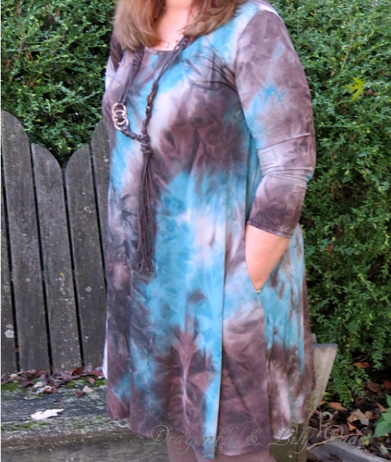 Carson, Tunic Dress, Teal, Brown, White, Watercolor, Tie Dye, Three Quarter Sleeve, Leggings, Belt as necklace
