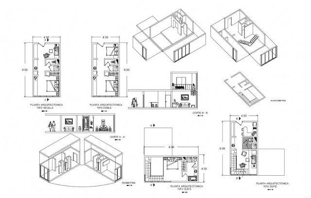 HOUSE BEDROOMS ELEVATION, SECTION, PLAN WITH FURNITURE AND INTERIOR CAD DRAWING DETAILS DWG FILE