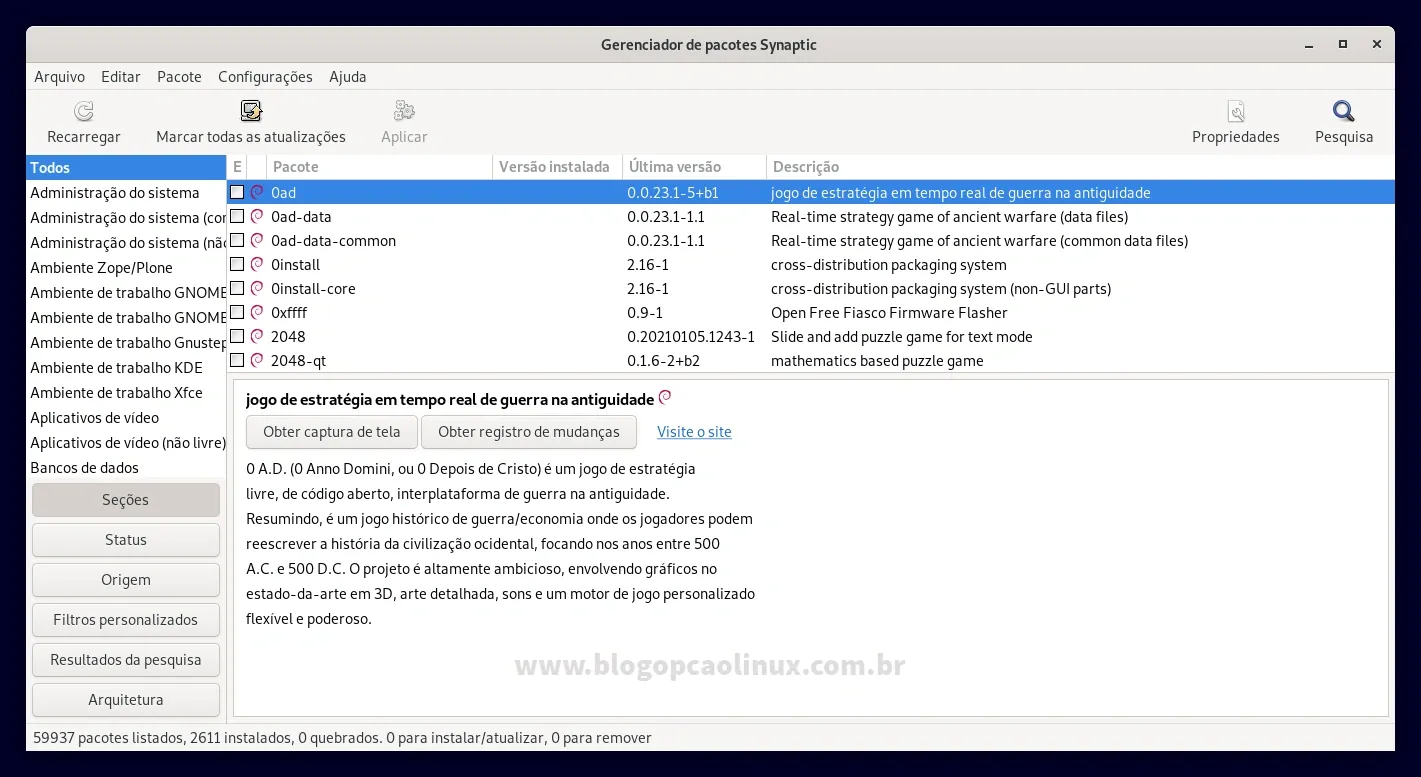 O gerenciador de pacotes e repositórios Synaptic executando no Debian 11 Bullseye