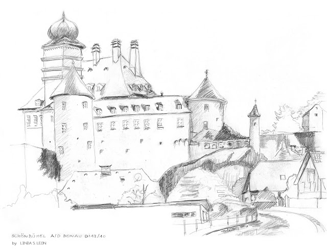 Schloss Schönbühel a/d Donau, sketched on location with graphite pencil  by Linda S. Leon