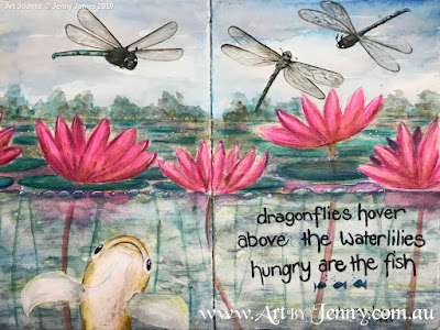 Haiku Watercolour Painting by Jenny James - finished artwork of dragonflies hovering over waterlilies with koi fish