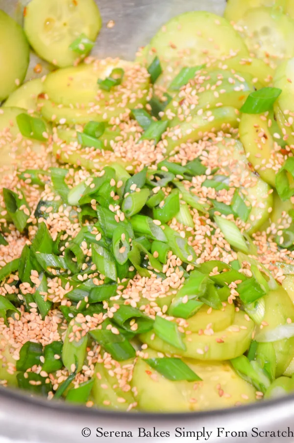 Spicy Asian Cucumber Salad with sesame seeds is a favorite easy side dish recipe from Serena Bakes Simply From Scratch.