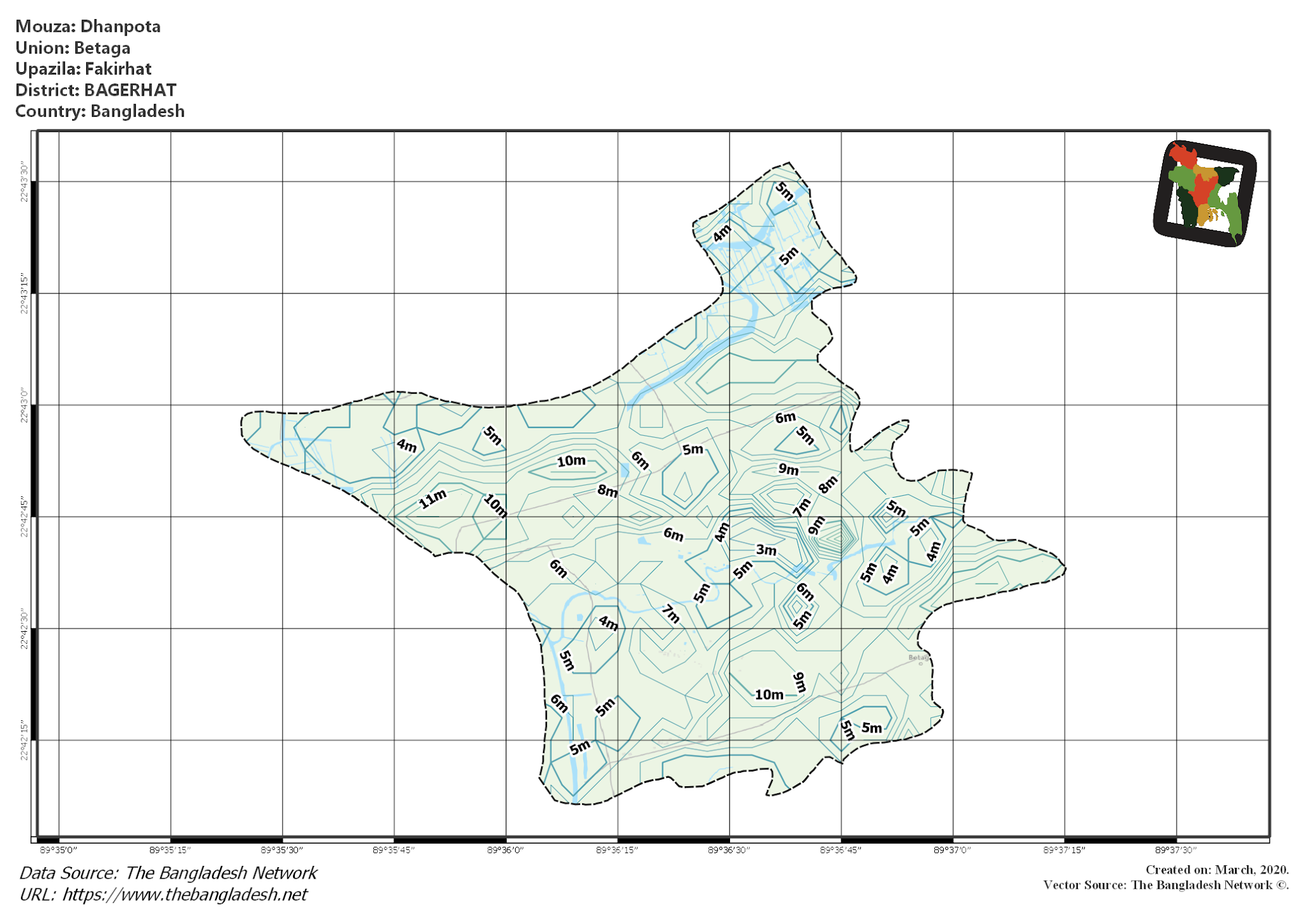 Map of Dhanpota Mouza of Fakirhat Upazila, BAGERHAT, Bangladesh.